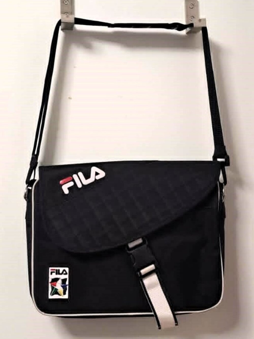 FILA Messenger Laptop Bag Black Quilted Flap Embroidered Logo School Work Travel